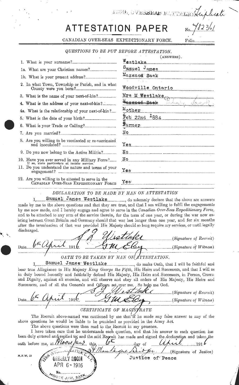 Dossiers du Personnel de la Première Guerre mondiale - CEC 665616a