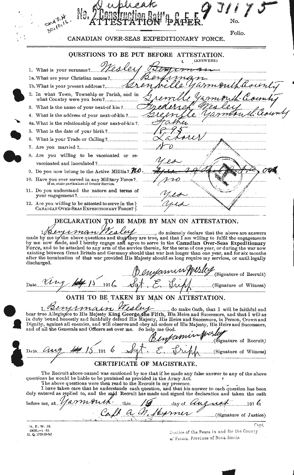 Dossiers du Personnel de la Première Guerre mondiale - CEC 665952a
