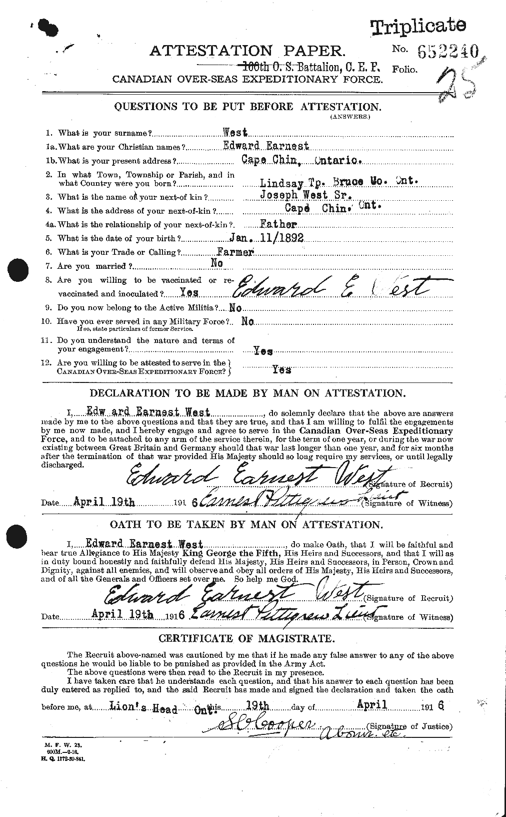 Dossiers du Personnel de la Première Guerre mondiale - CEC 666121a