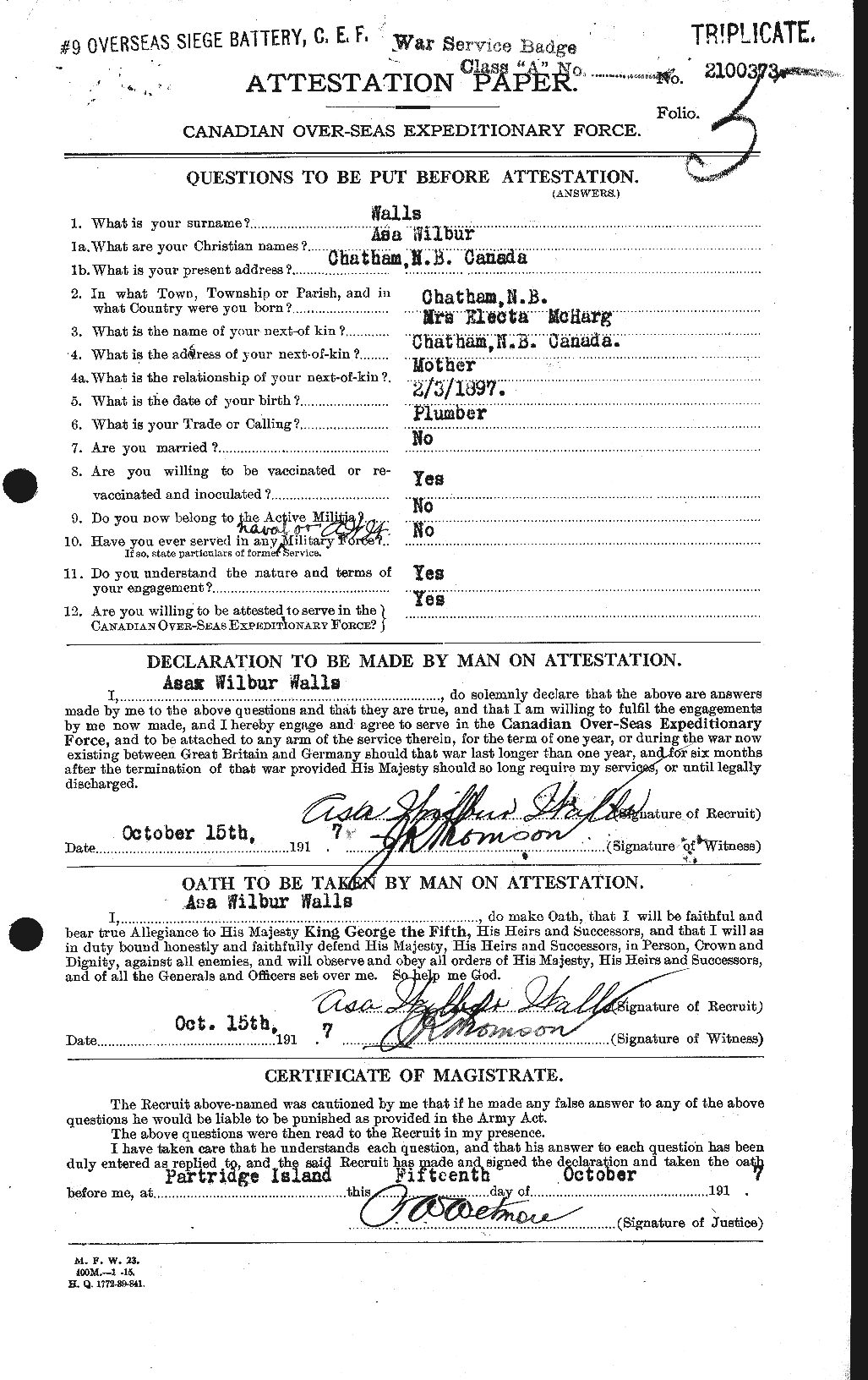 Dossiers du Personnel de la Première Guerre mondiale - CEC 667030a