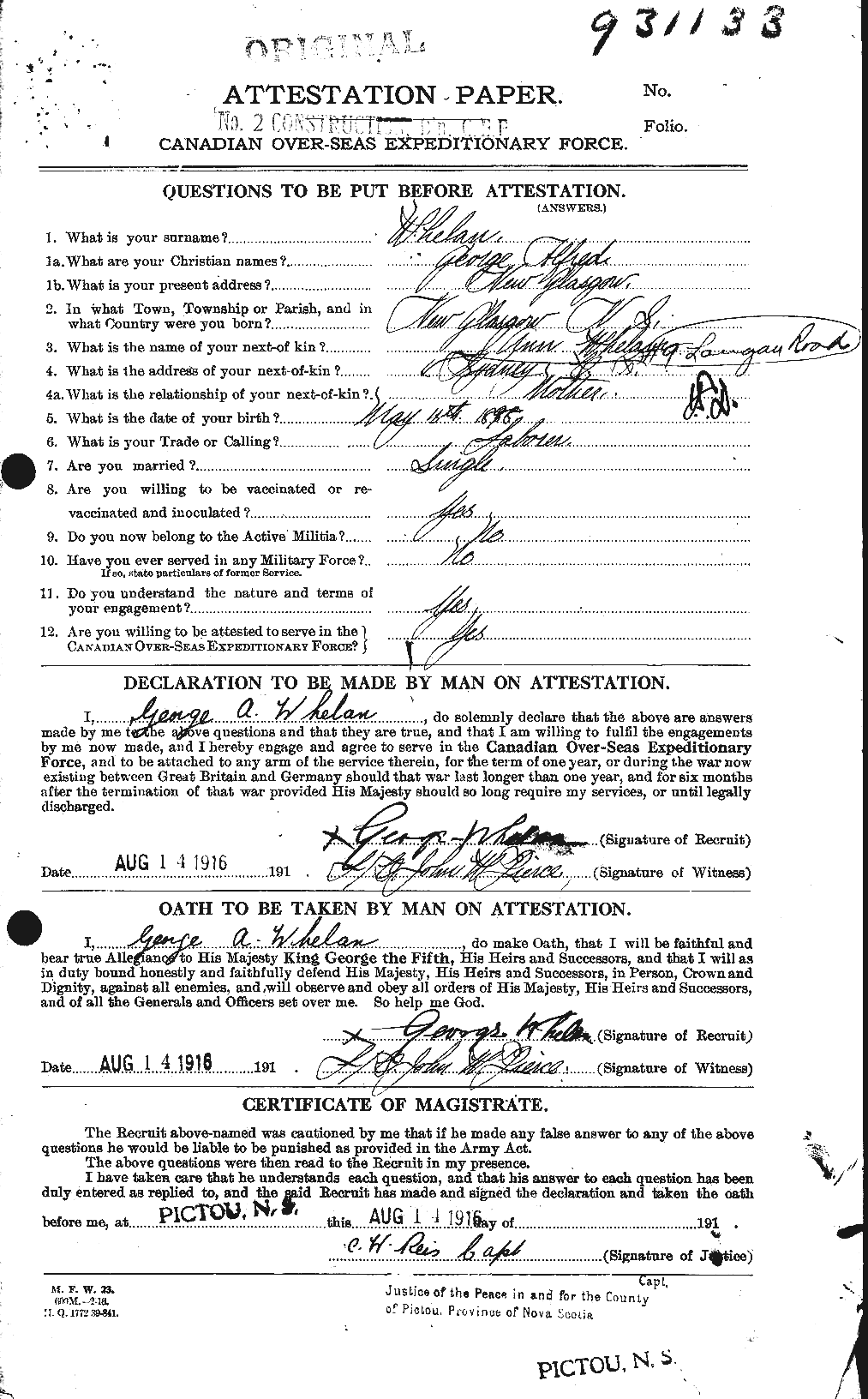 Dossiers du Personnel de la Première Guerre mondiale - CEC 667546a