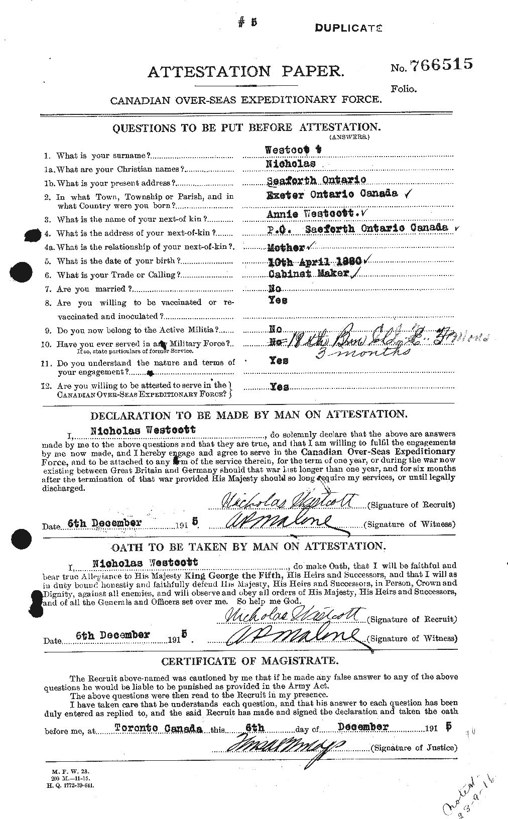 Dossiers du Personnel de la Première Guerre mondiale - CEC 668119a