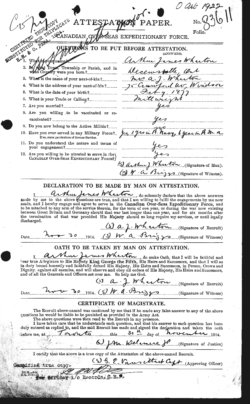 Dossiers du Personnel de la Première Guerre mondiale - CEC 668219a