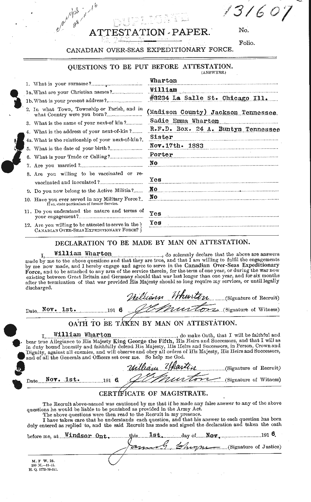 Dossiers du Personnel de la Première Guerre mondiale - CEC 668250a