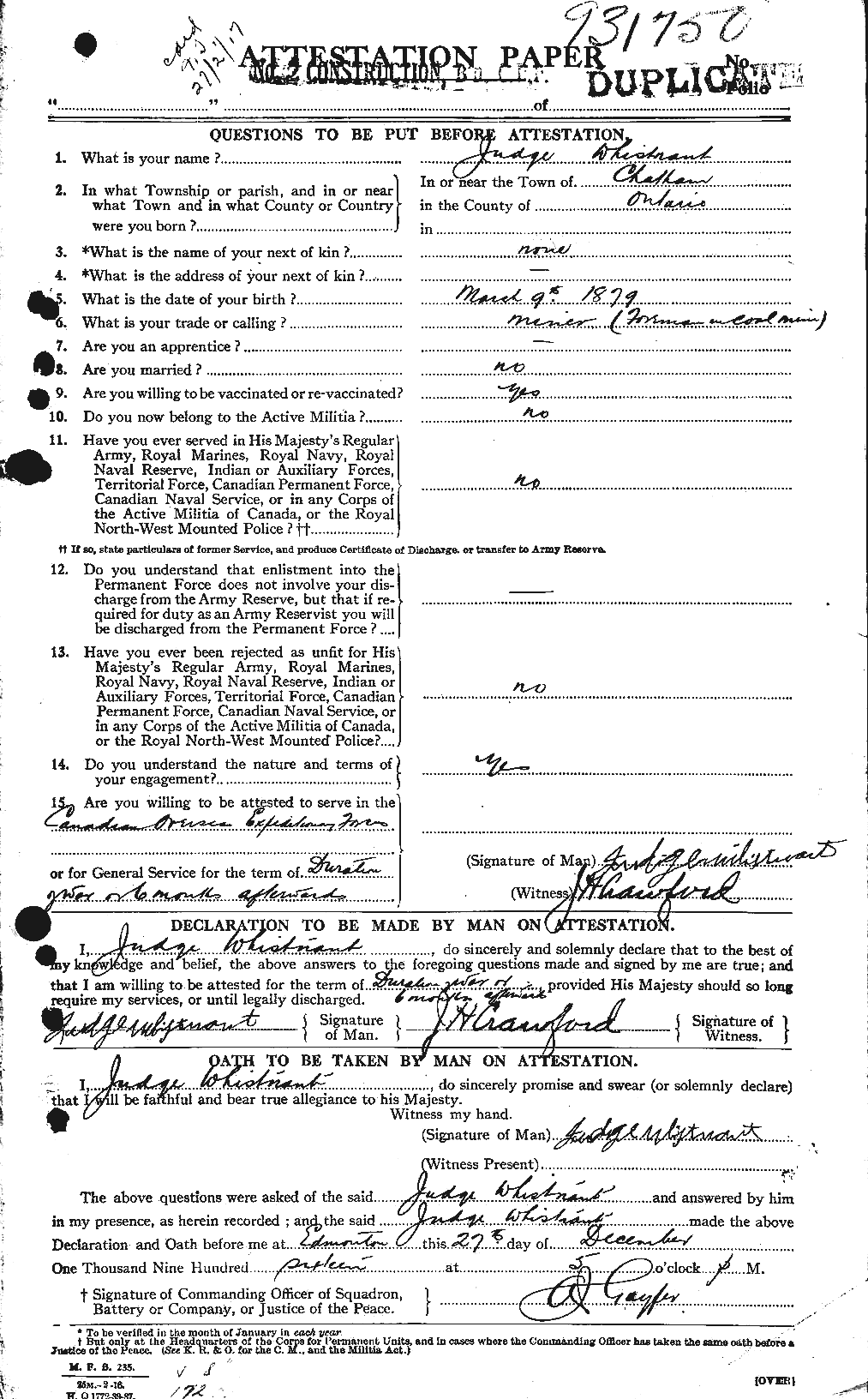 Dossiers du Personnel de la Première Guerre mondiale - CEC 668790a