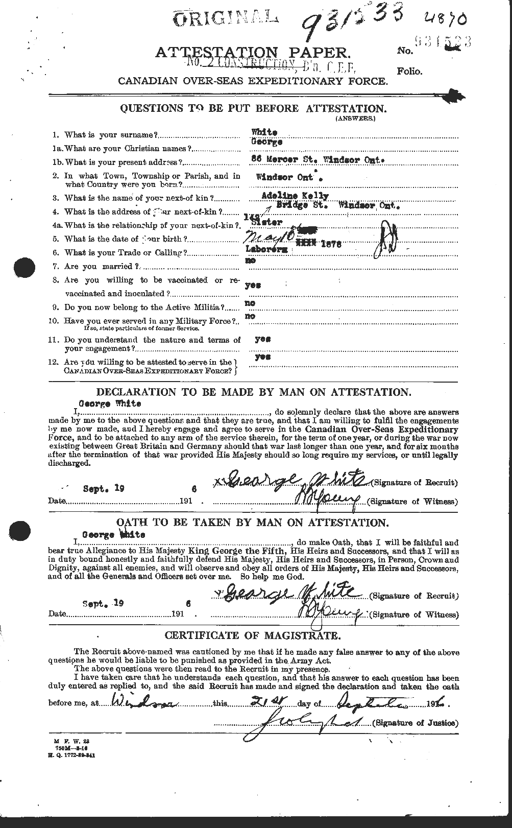 Dossiers du Personnel de la Première Guerre mondiale - CEC 669458a