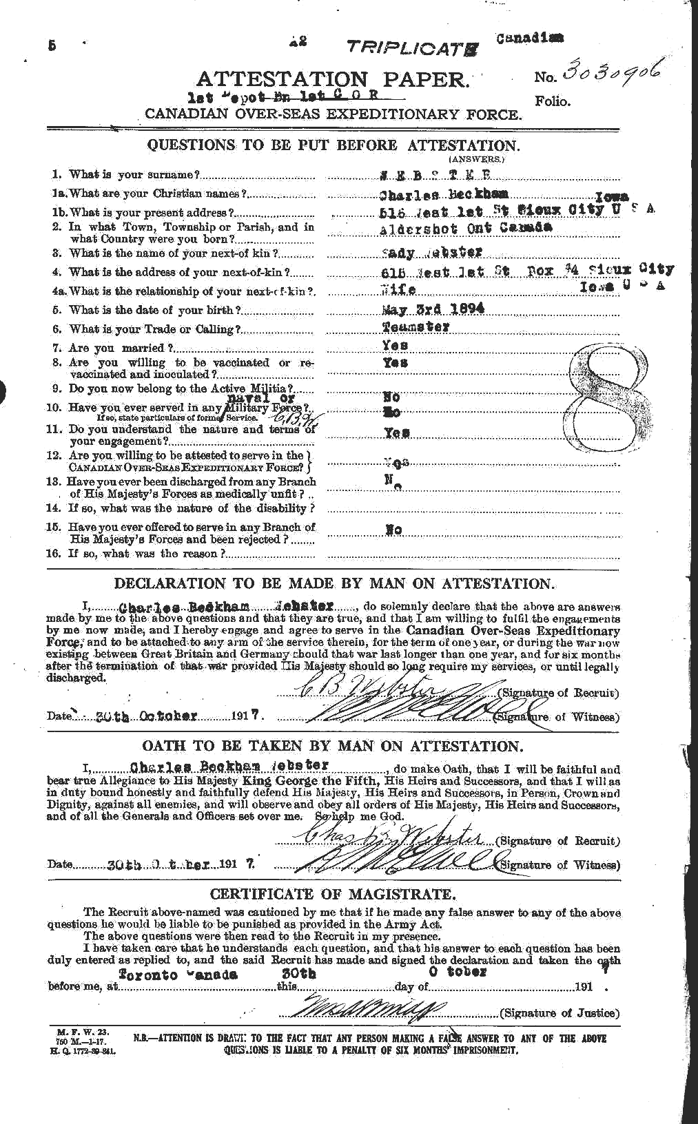 Dossiers du Personnel de la Première Guerre mondiale - CEC 670292a