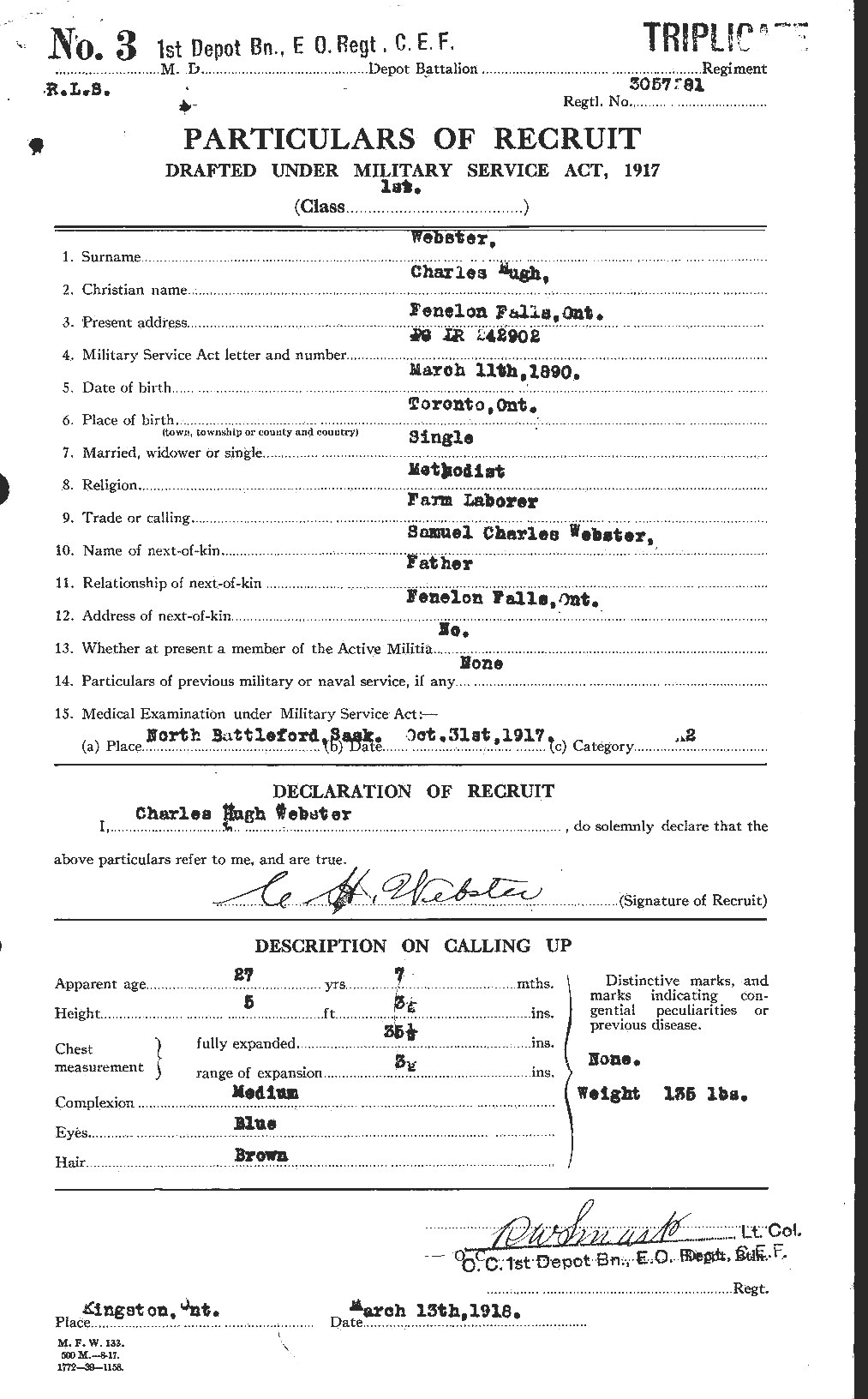 Dossiers du Personnel de la Première Guerre mondiale - CEC 670298a
