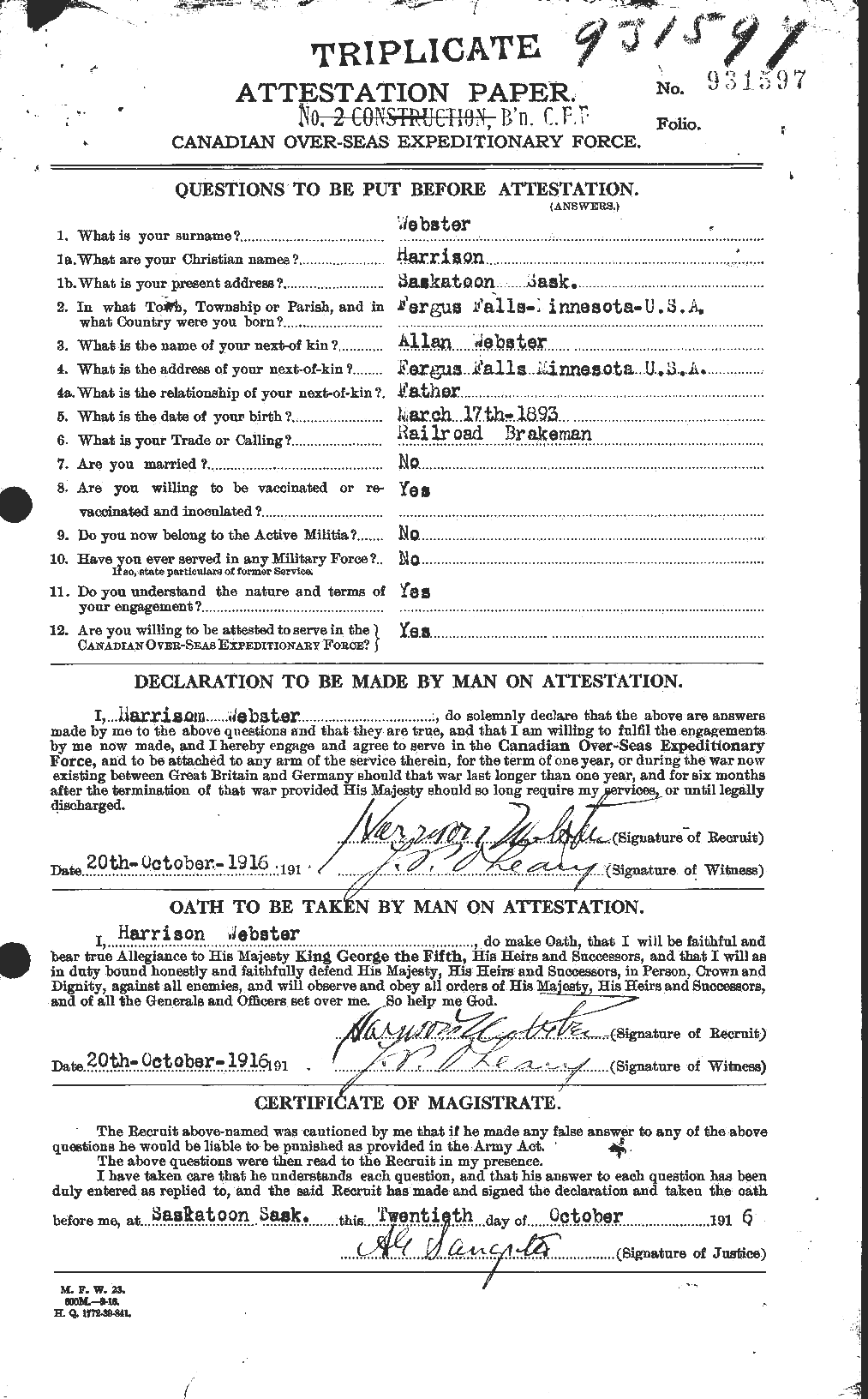 Dossiers du Personnel de la Première Guerre mondiale - CEC 670408a