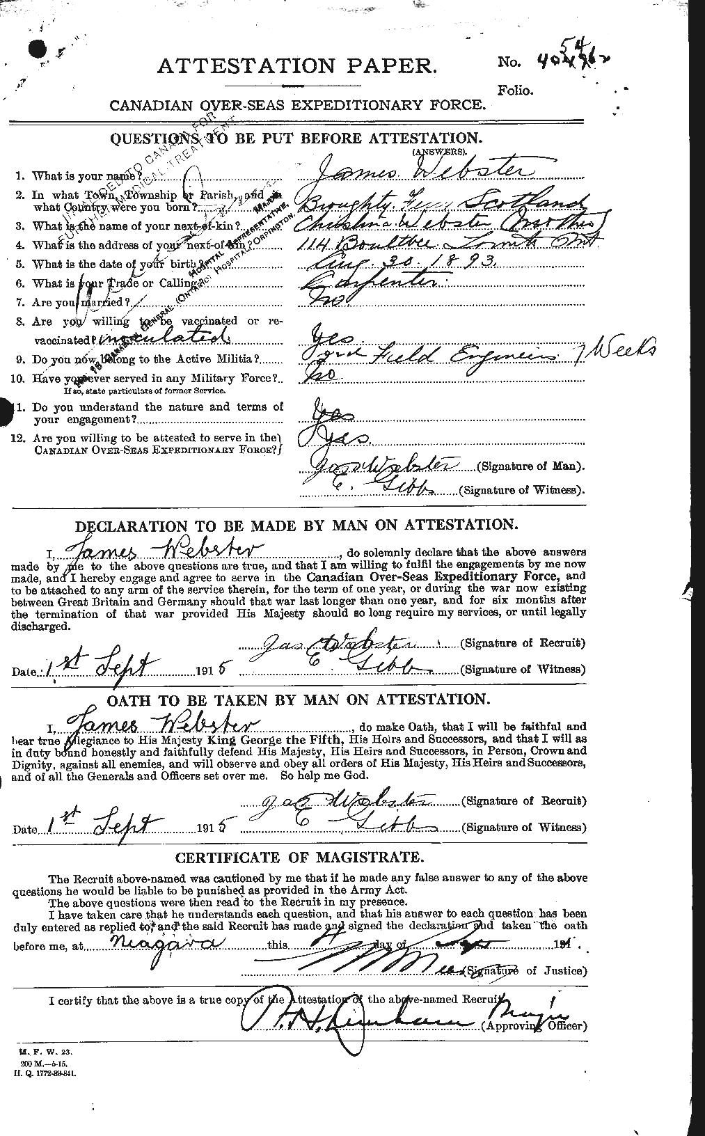 Dossiers du Personnel de la Première Guerre mondiale - CEC 670449a