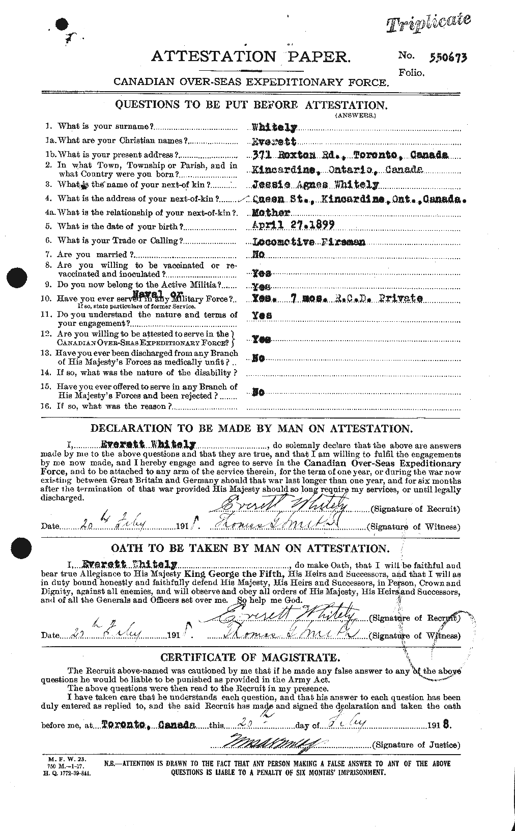 Dossiers du Personnel de la Première Guerre mondiale - CEC 671176a