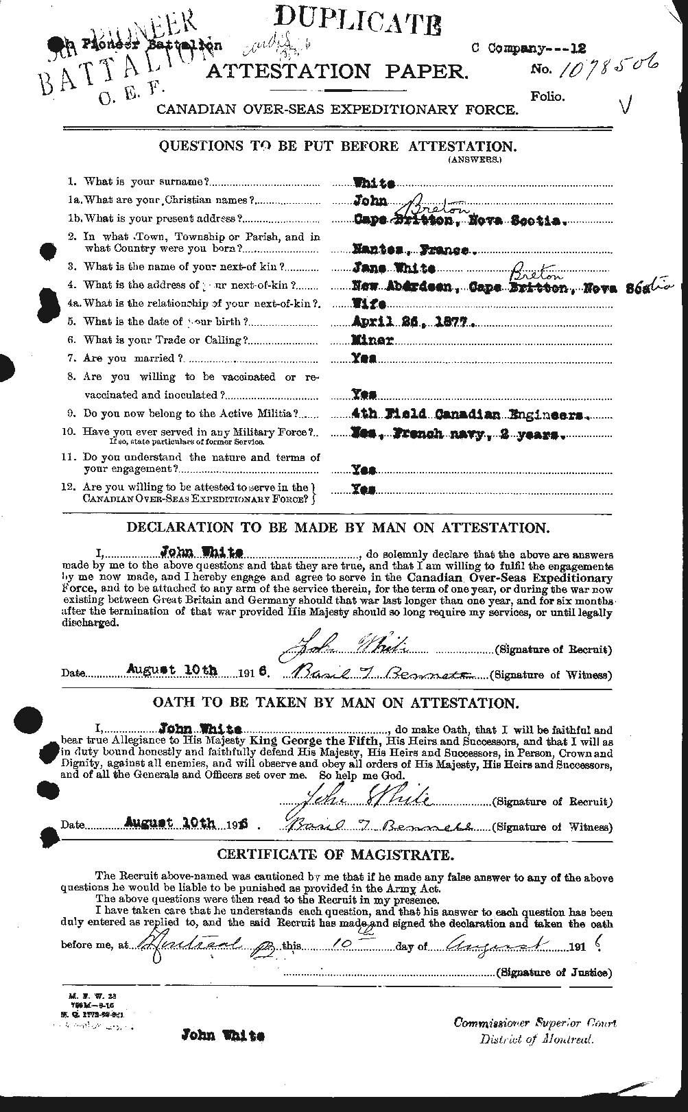 Dossiers du Personnel de la Première Guerre mondiale - CEC 671498a