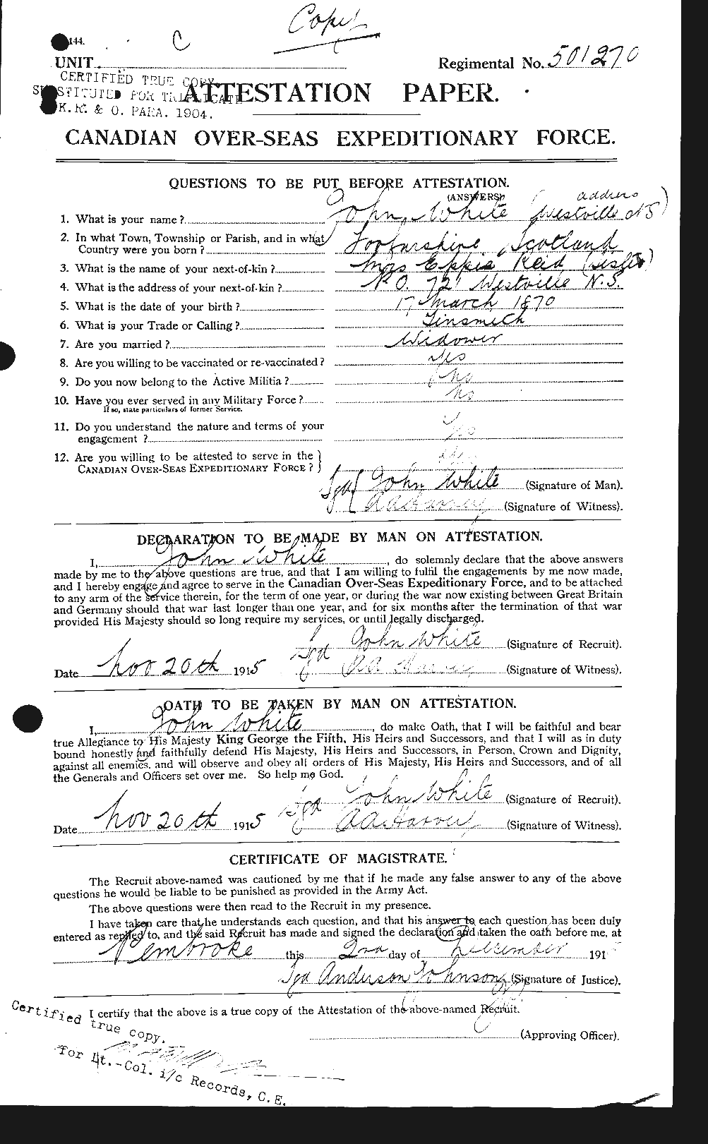 Dossiers du Personnel de la Première Guerre mondiale - CEC 671499a
