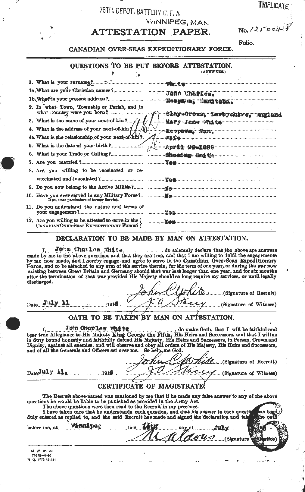 Dossiers du Personnel de la Première Guerre mondiale - CEC 671547a