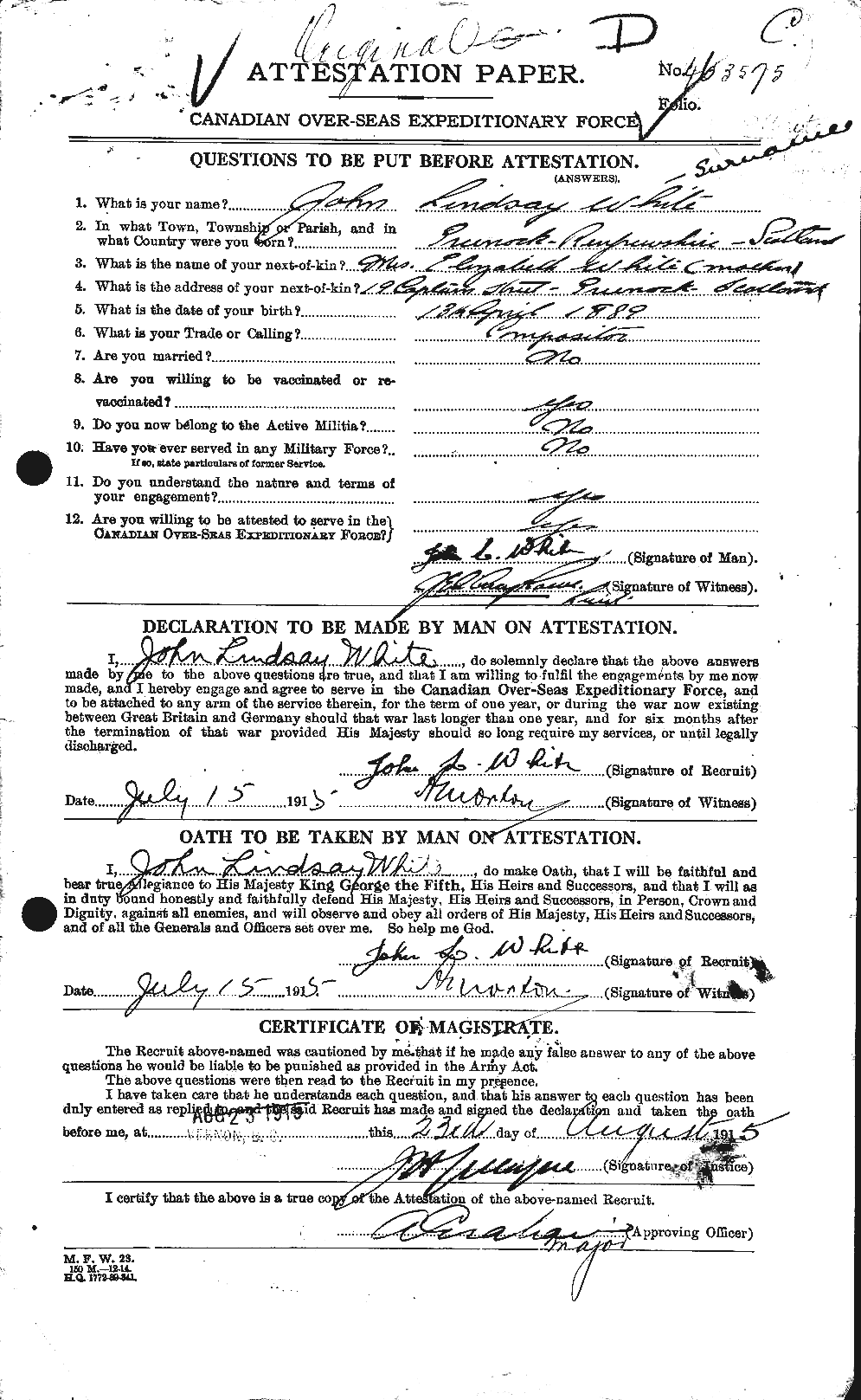 Dossiers du Personnel de la Première Guerre mondiale - CEC 671582a