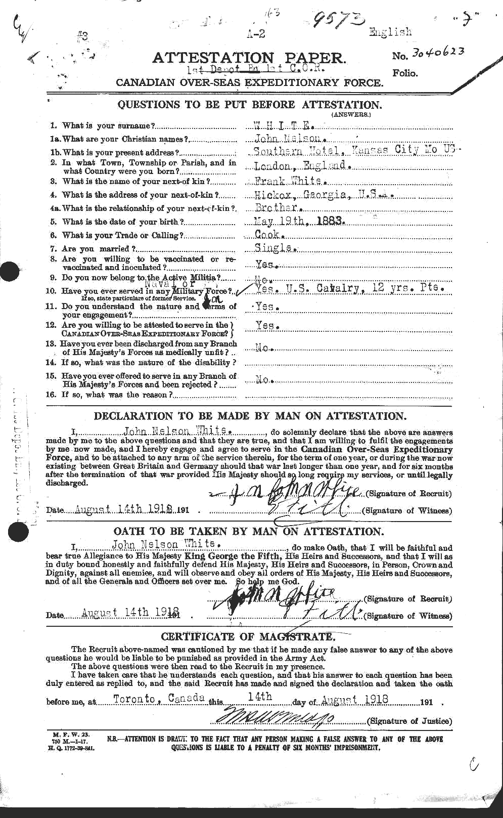 Dossiers du Personnel de la Première Guerre mondiale - CEC 671586a