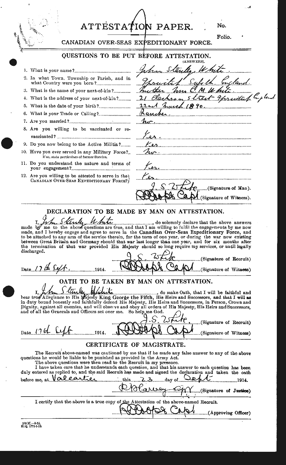 Dossiers du Personnel de la Première Guerre mondiale - CEC 671601a