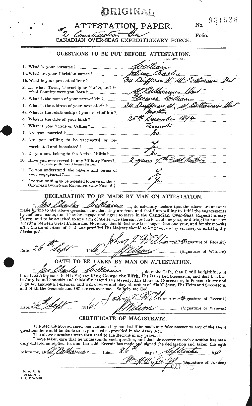 Dossiers du Personnel de la Première Guerre mondiale - CEC 672972a