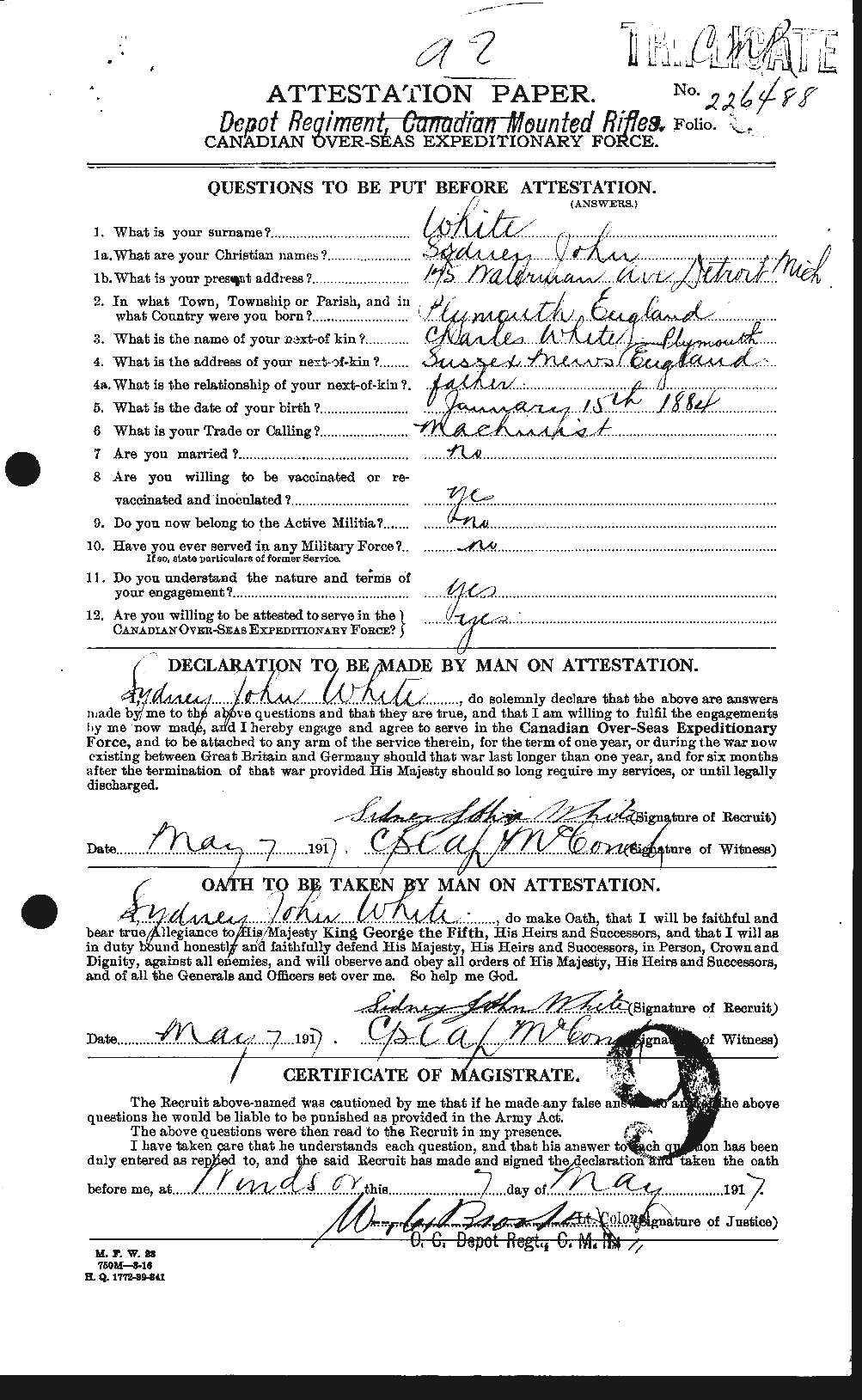 Dossiers du Personnel de la Première Guerre mondiale - CEC 673540a