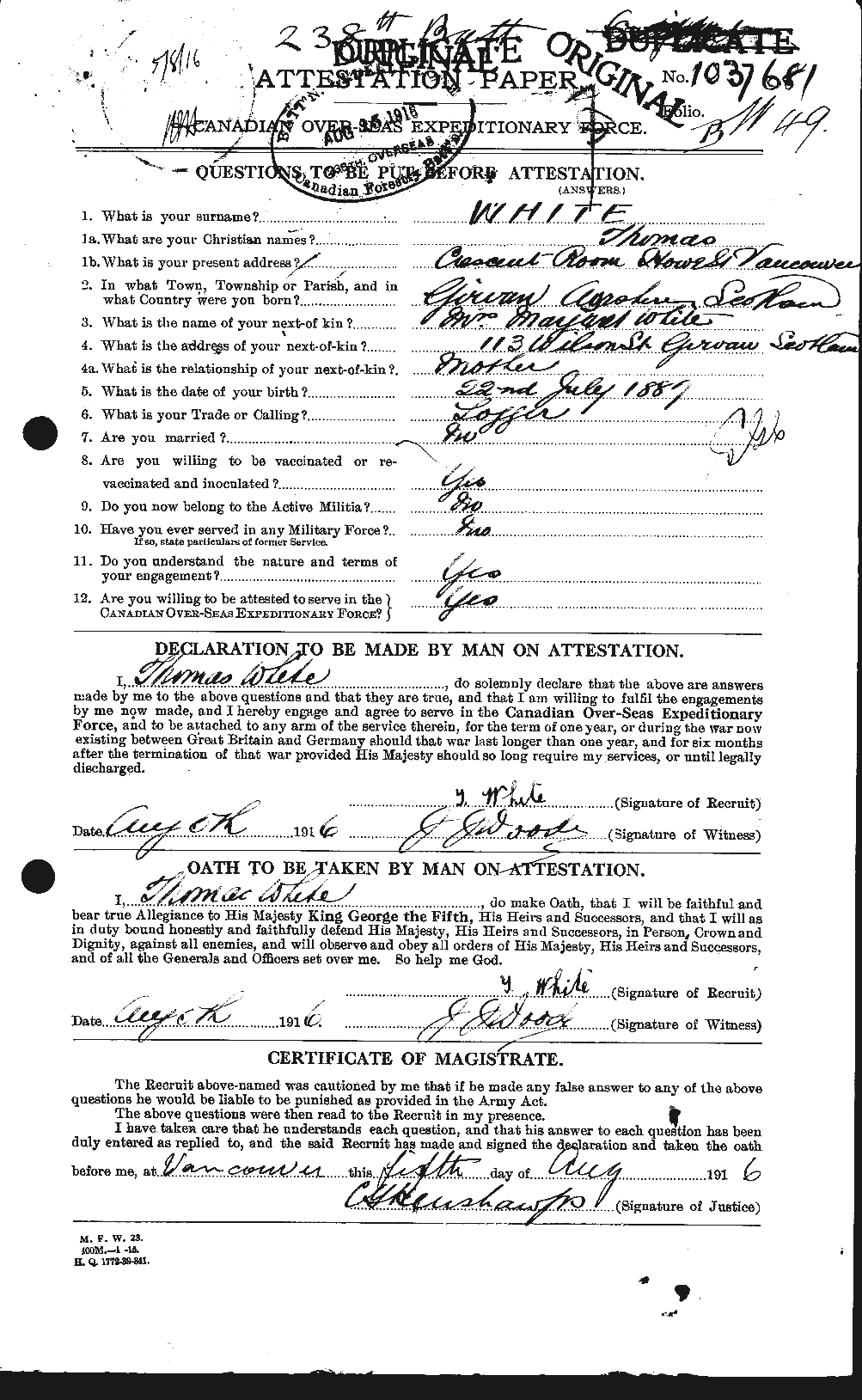 Dossiers du Personnel de la Première Guerre mondiale - CEC 673581a