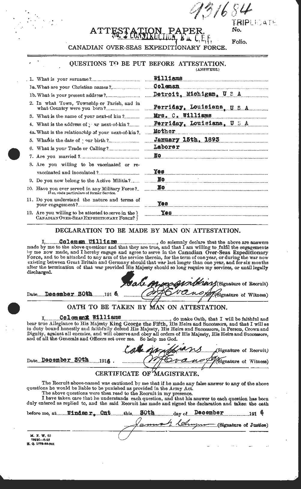Dossiers du Personnel de la Première Guerre mondiale - CEC 674446a
