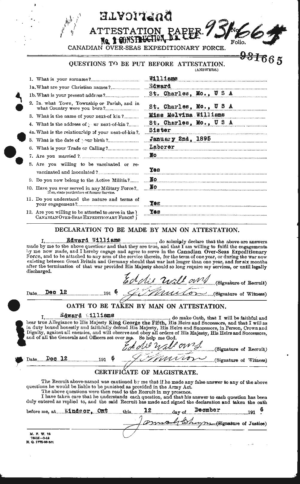 Dossiers du Personnel de la Première Guerre mondiale - CEC 674536a
