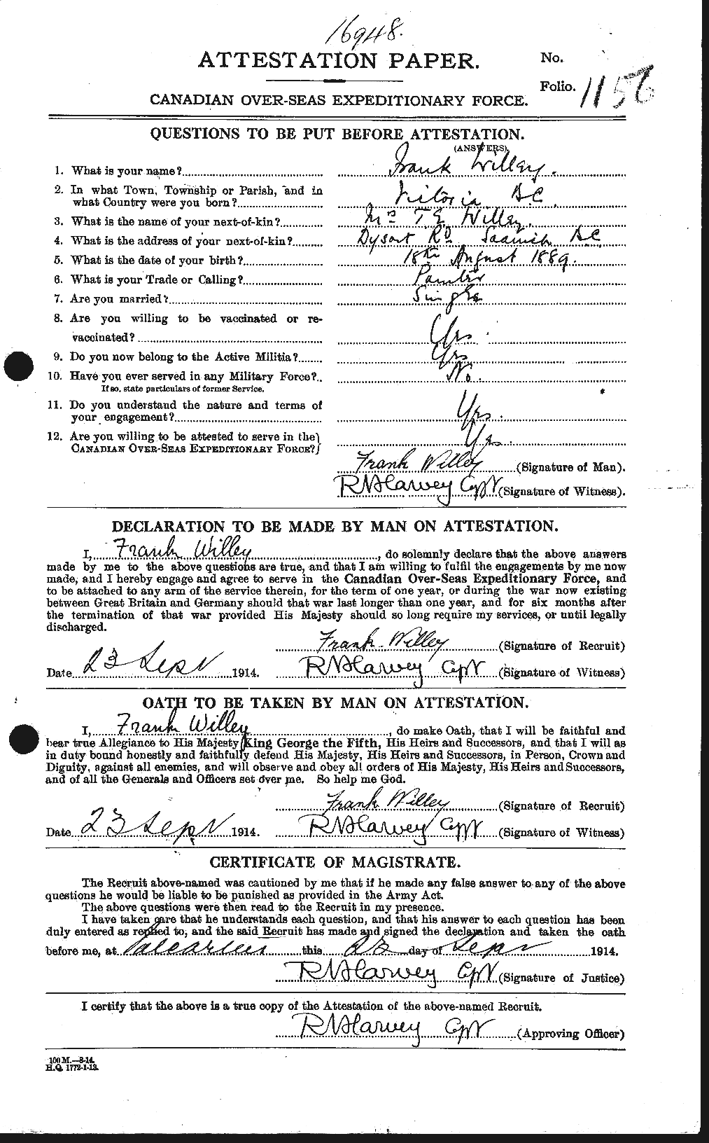 Dossiers du Personnel de la Première Guerre mondiale - CEC 675363a