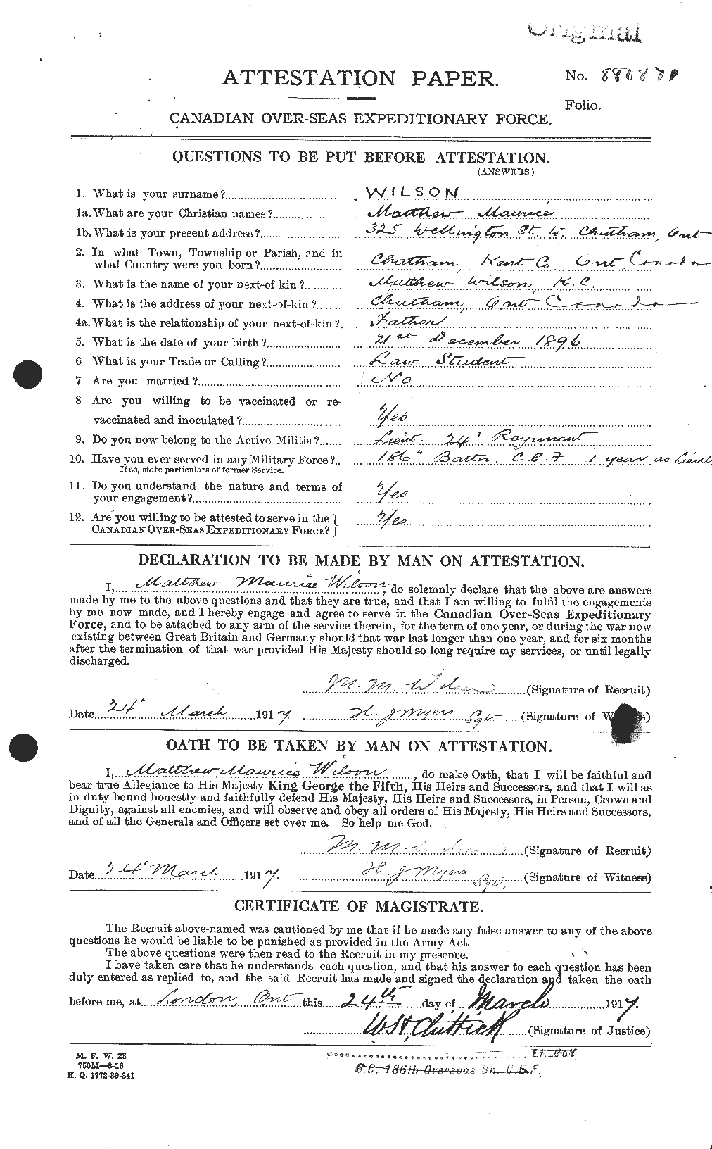 Dossiers du Personnel de la Première Guerre mondiale - CEC 678692a
