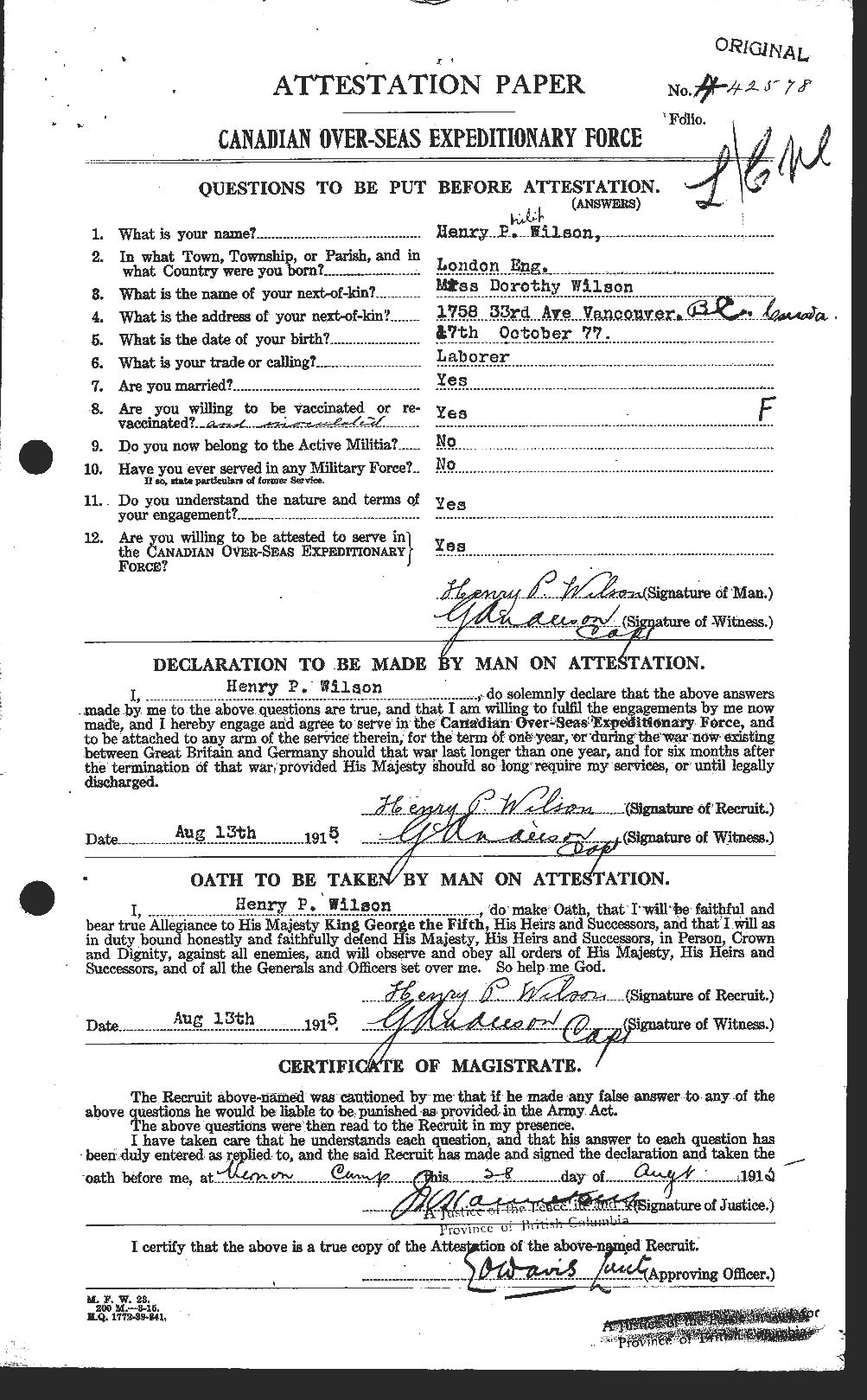 Dossiers du Personnel de la Première Guerre mondiale - CEC 679539a
