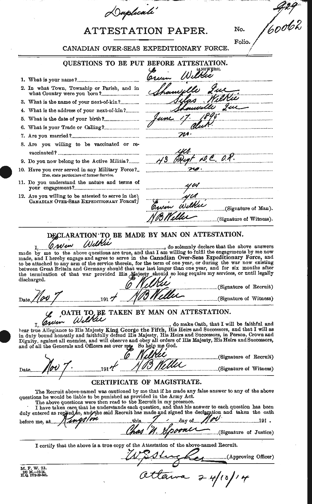 Dossiers du Personnel de la Première Guerre mondiale - CEC 680427a