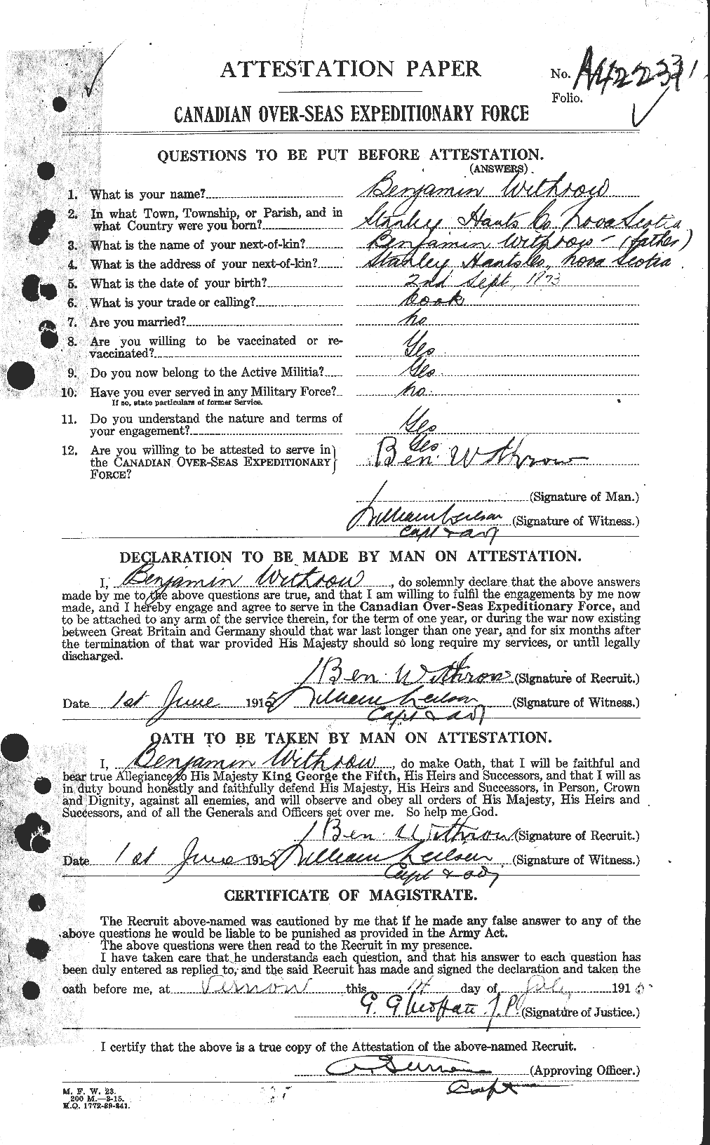 Dossiers du Personnel de la Première Guerre mondiale - CEC 682084a