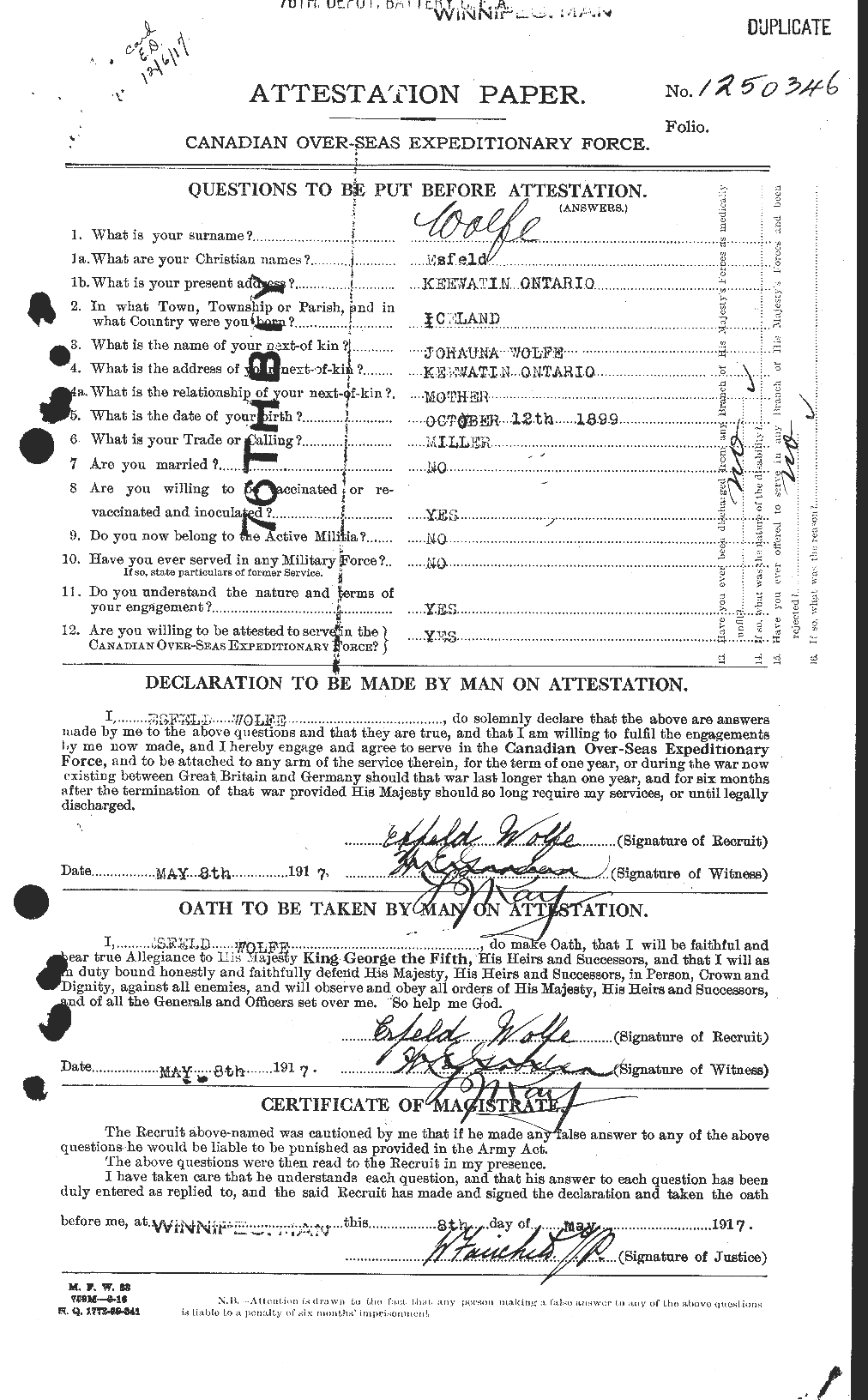 Dossiers du Personnel de la Première Guerre mondiale - CEC 682329a