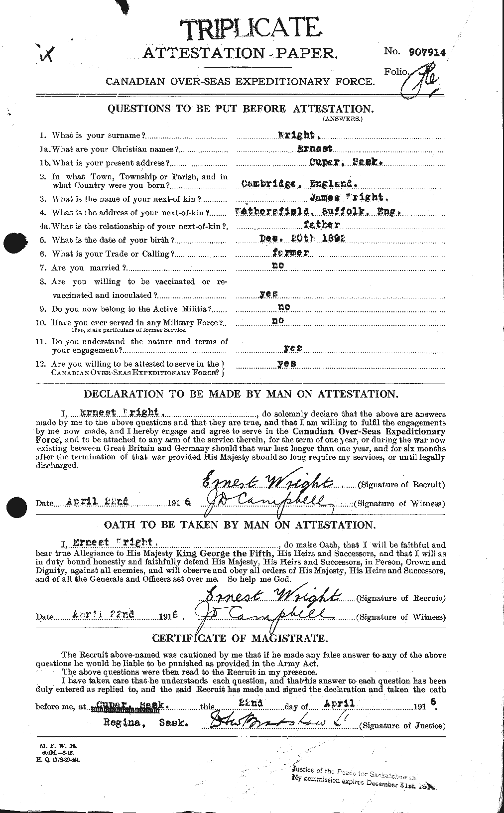 Dossiers du Personnel de la Première Guerre mondiale - CEC 683861a