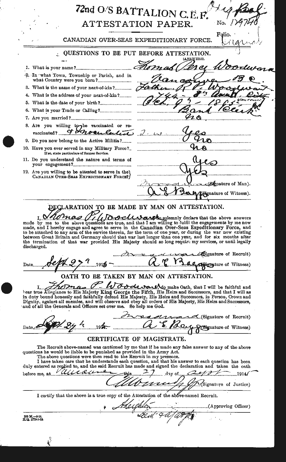 Dossiers du Personnel de la Première Guerre mondiale - CEC 684871a