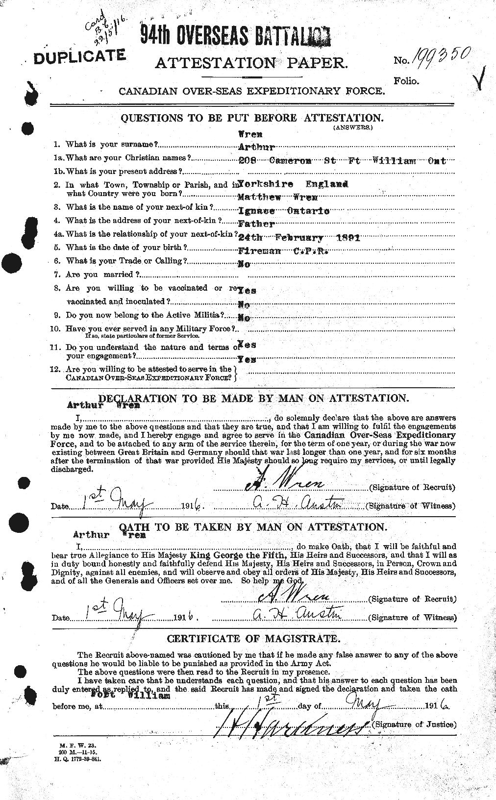 Dossiers du Personnel de la Première Guerre mondiale - CEC 687554a