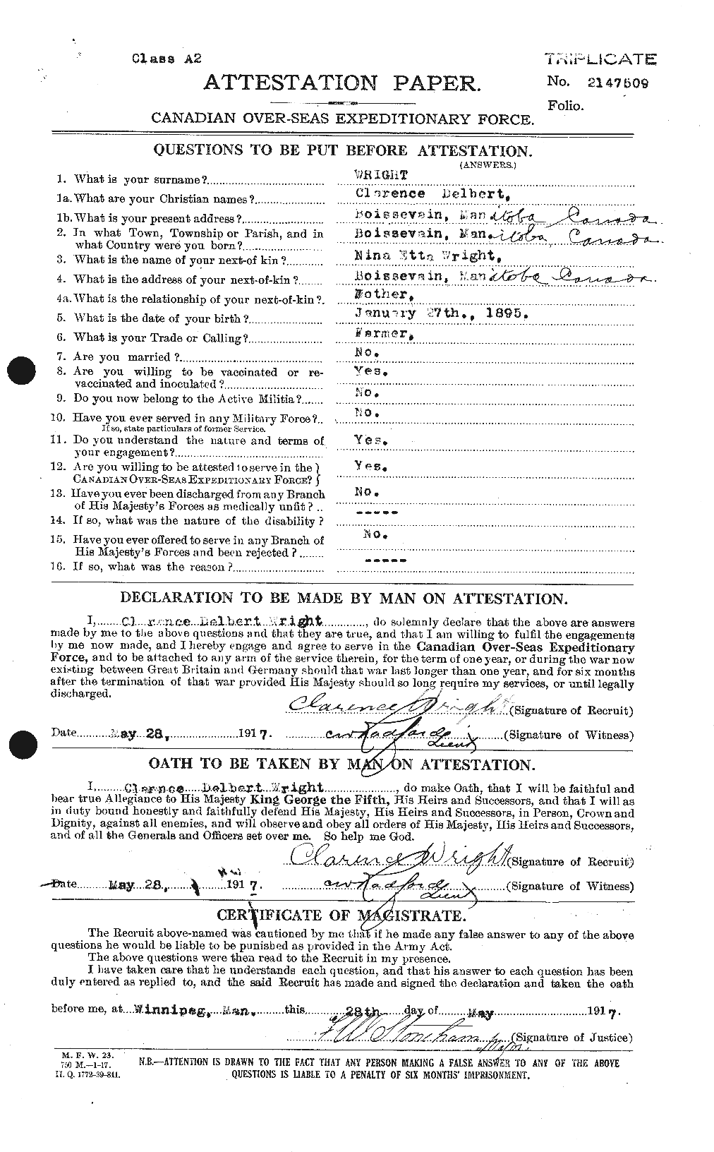 Dossiers du Personnel de la Première Guerre mondiale - CEC 688274a