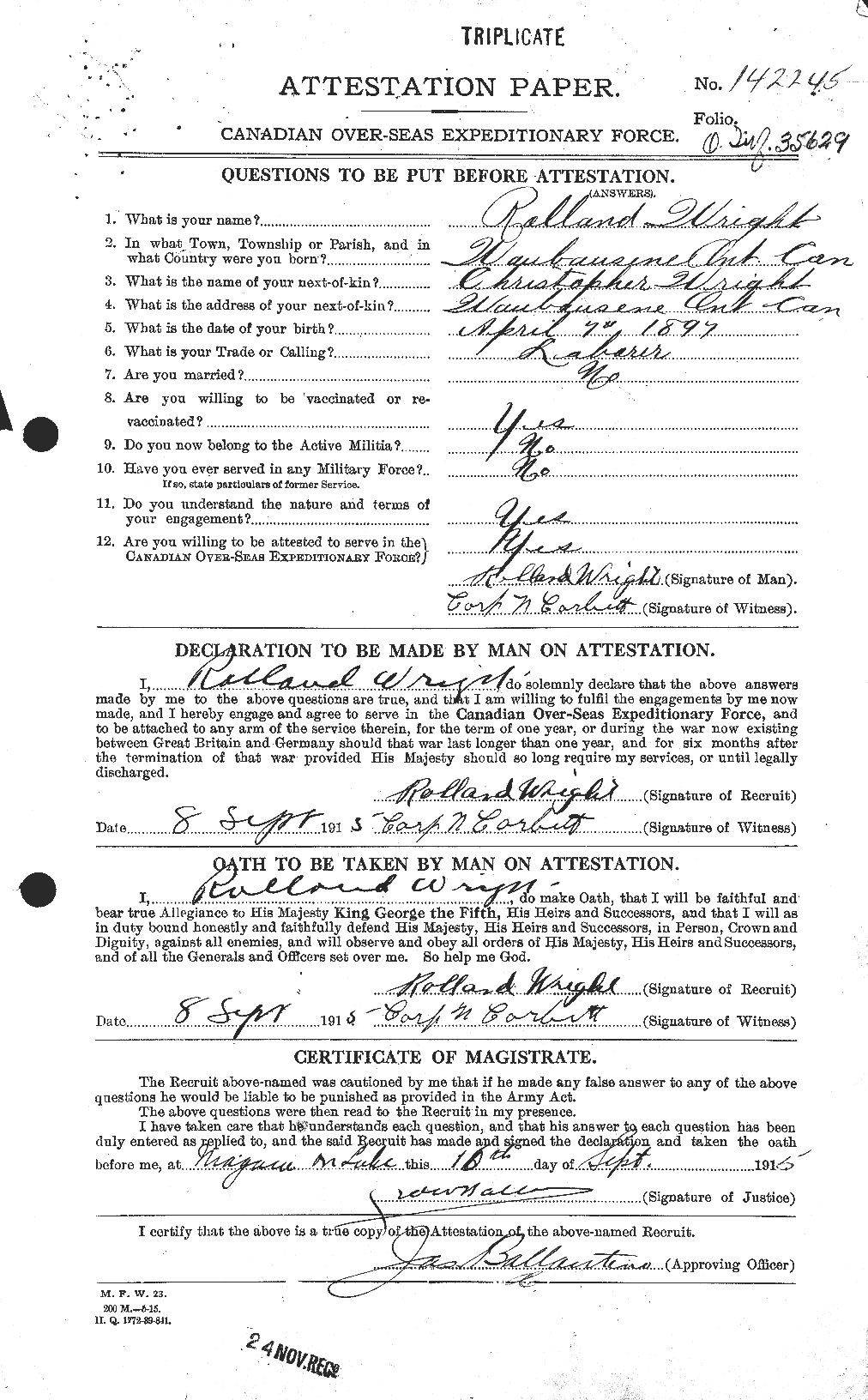 Dossiers du Personnel de la Première Guerre mondiale - CEC 688525a