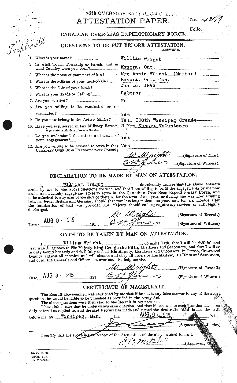Dossiers du Personnel de la Première Guerre mondiale - CEC 688699a