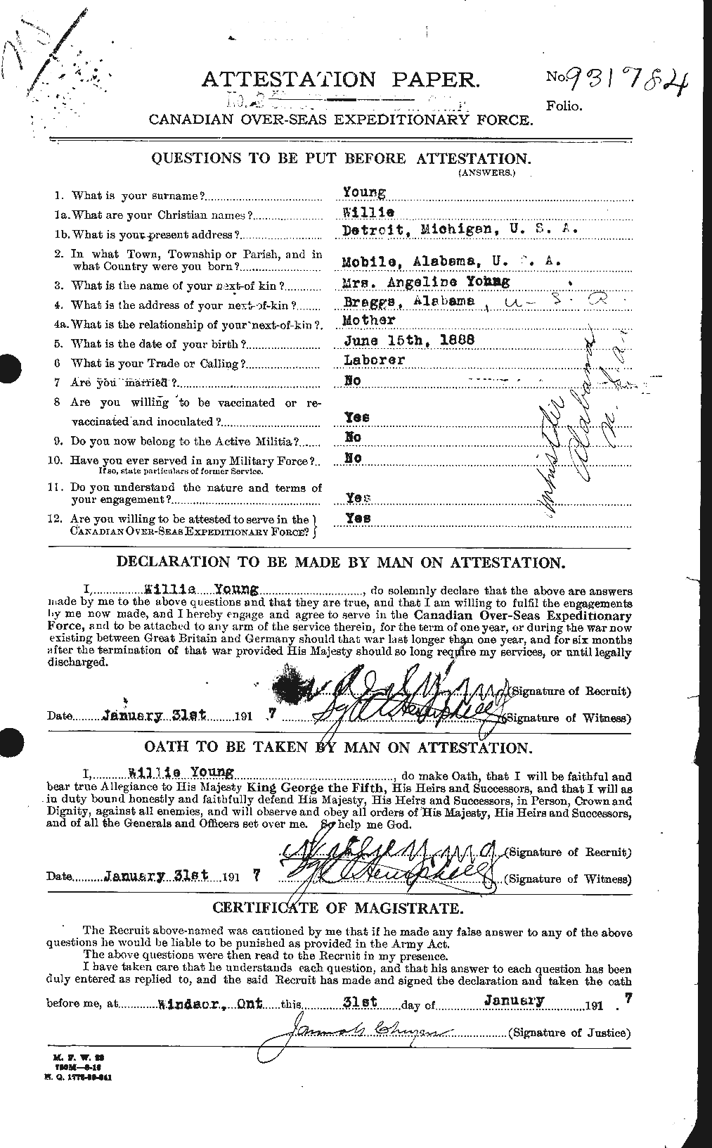 Dossiers du Personnel de la Première Guerre mondiale - CEC 689697a