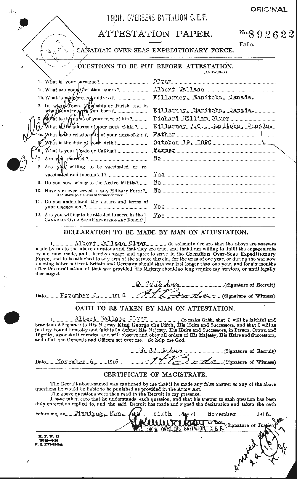 Dossiers du Personnel de la Première Guerre mondiale - CEC 689947a