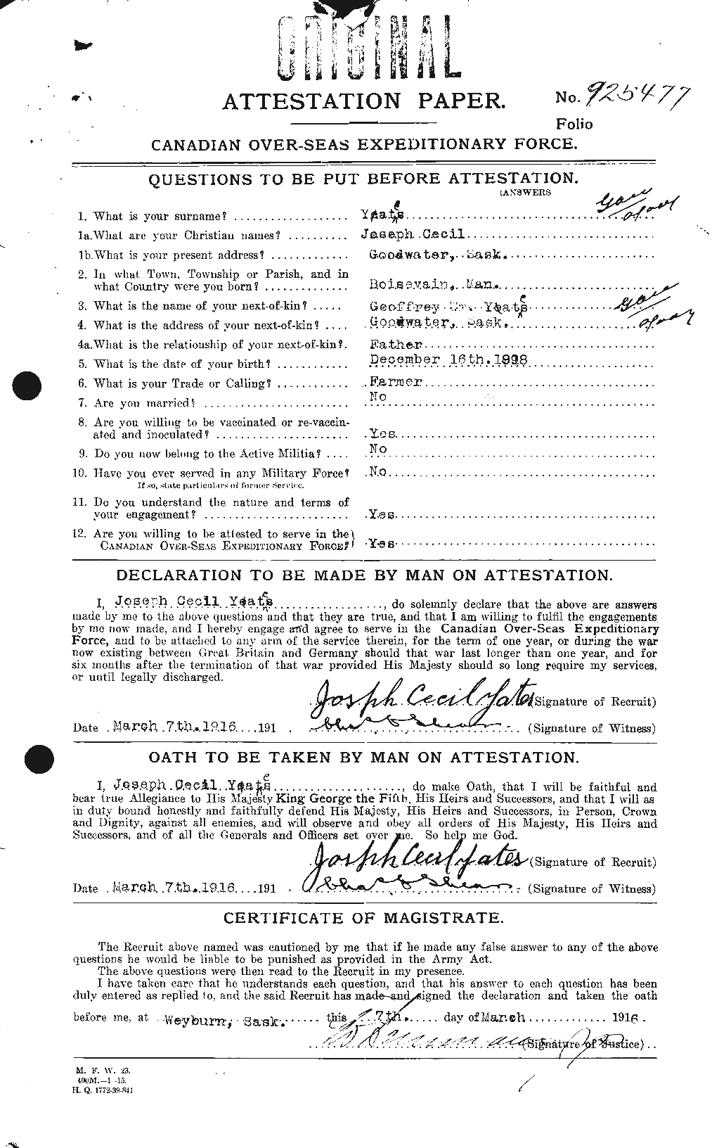 Dossiers du Personnel de la Première Guerre mondiale - CEC 691280a
