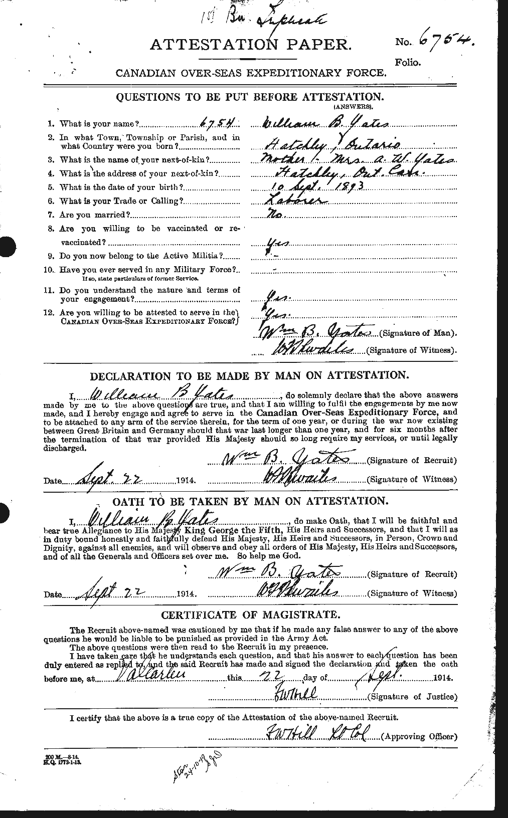 Dossiers du Personnel de la Première Guerre mondiale - CEC 691324a