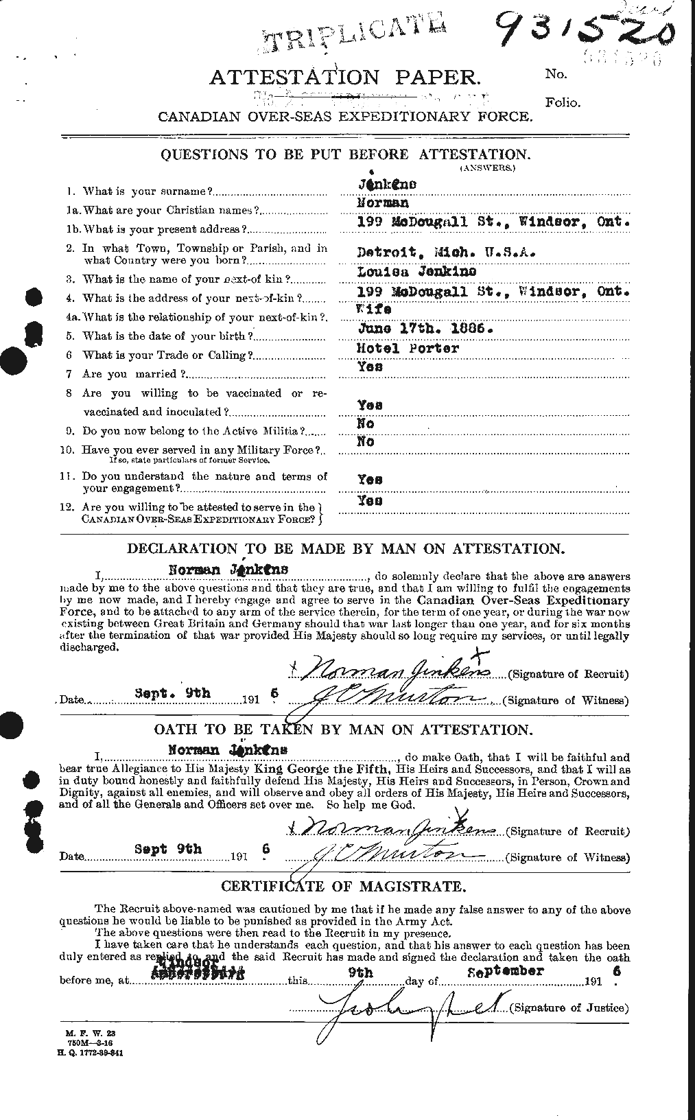 Dossiers du Personnel de la Première Guerre mondiale - CEC 691456a