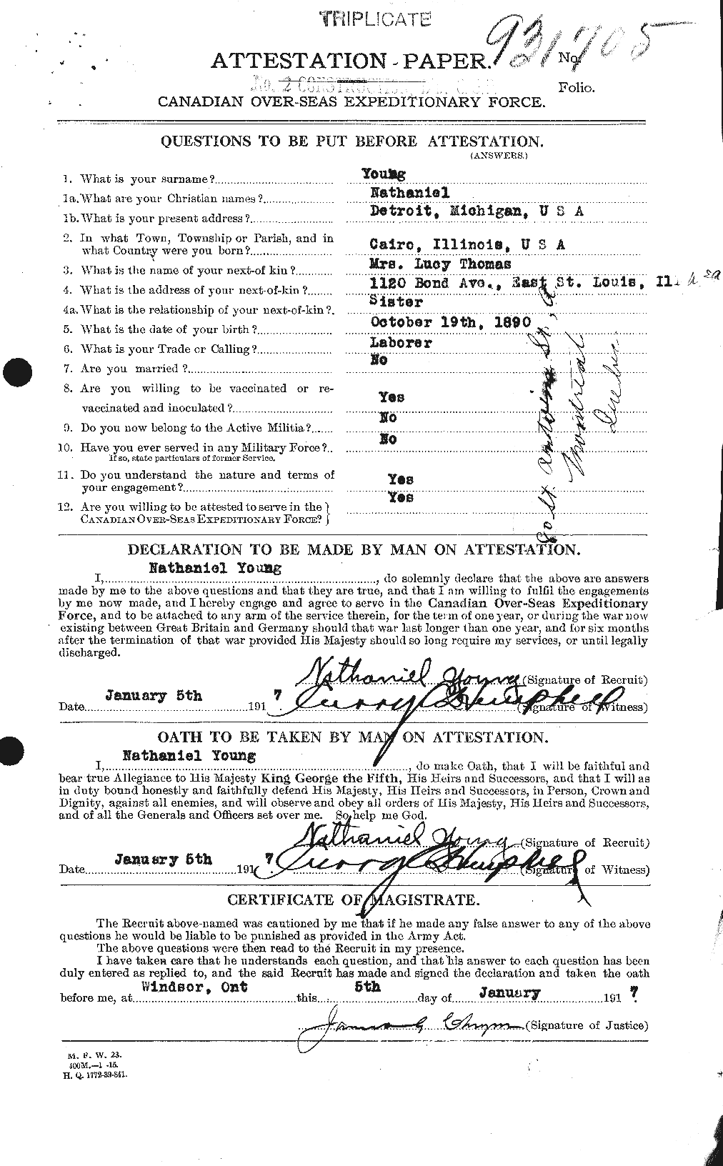 Dossiers du Personnel de la Première Guerre mondiale - CEC 691885a