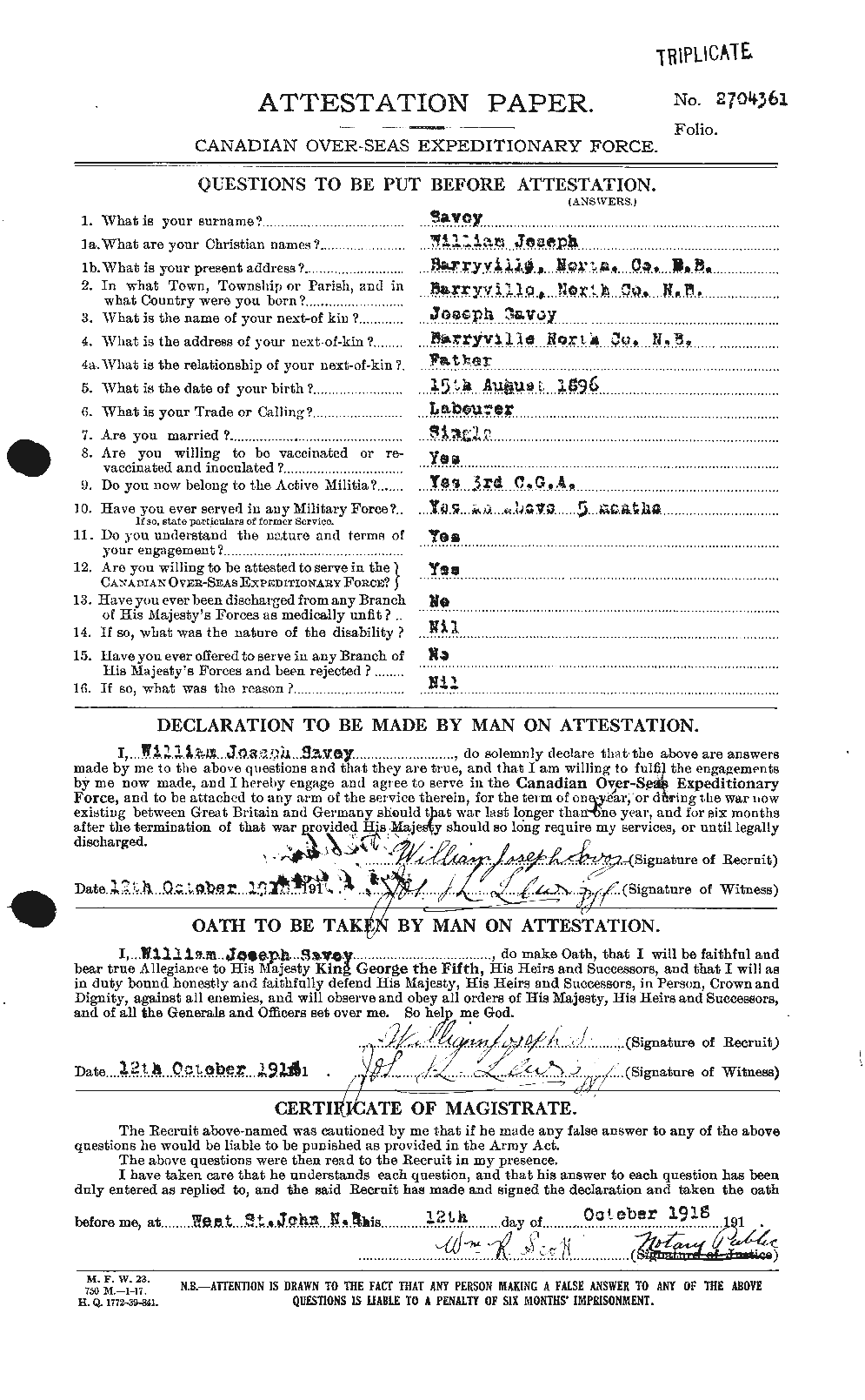 Personnel Records of the First World War - CEF 692005a