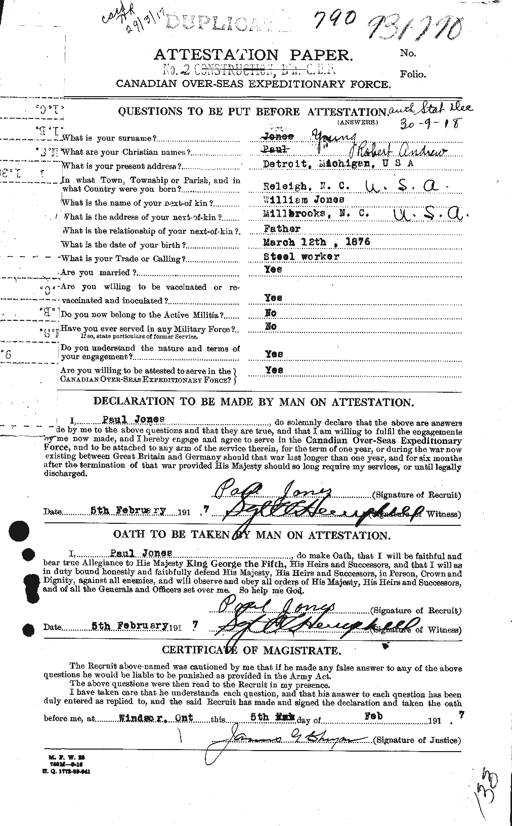 Dossiers du Personnel de la Première Guerre mondiale - CEC 692166a