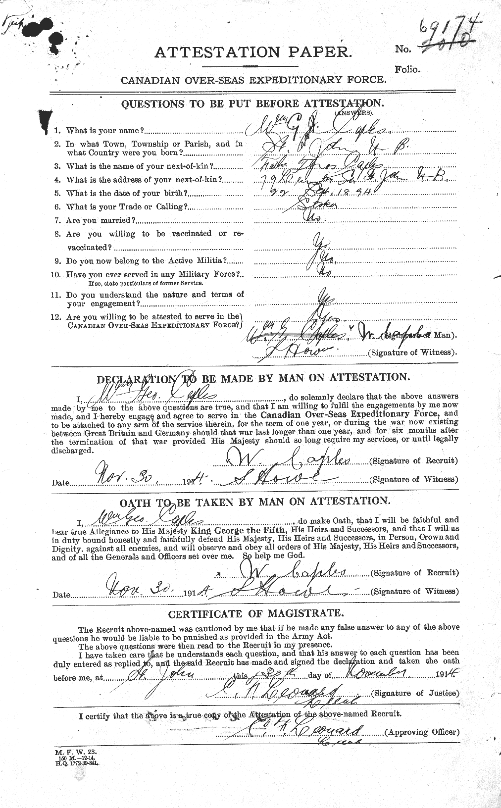 Dossiers du Personnel de la Première Guerre mondiale - CEC 692557a