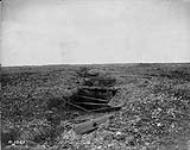 Battered German trench on Vimy Ridge captured by Canadians. April, 1917  Apri1, 1917.