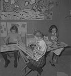 Children's Art Classes, Lismer's, three girls painting. [between 1939-1951].