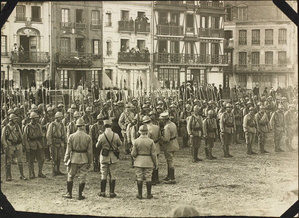 Photograph of French soldiers on parade, Le Tréport, France, ca. 1916-1917